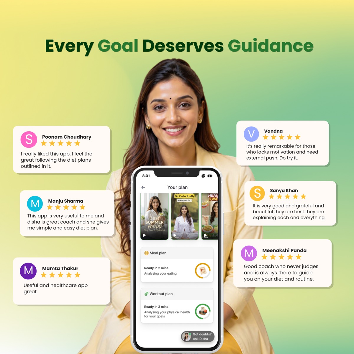 Disha app users ke paanch-star reviews, aur app mein Your plan screen — meal plan aur workout plan ke saath