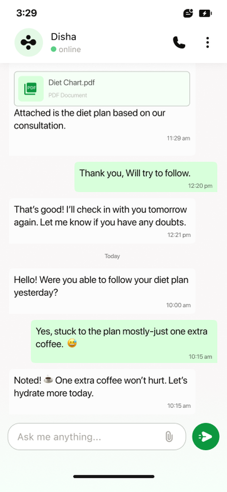 A coaching conversation in the Disha app