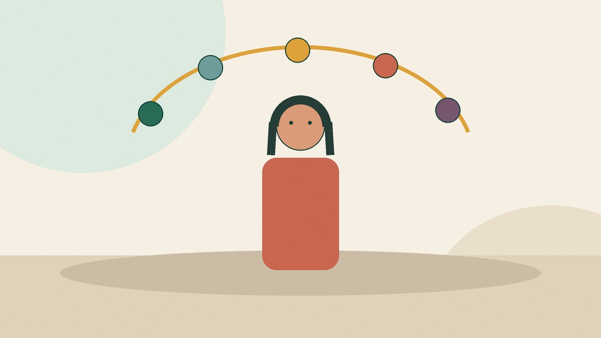 A middle-aged Indian woman beneath an arc marking life stages