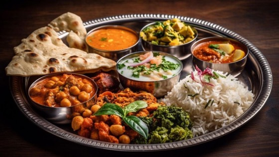 An Indian thali with rice, roti, dal and sabzi