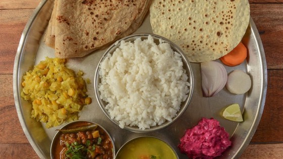 An Indian thali with roti, rice, dal and sabzi