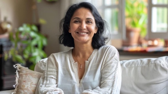 सफ़ेद कढ़ाई वाले कुर्ते में घर पर हल्के रंग के sofa पर बैठी मुस्कुराती हुई एक अधेड़ उम्र की भारतीय महिला