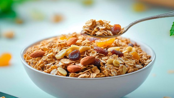 A bowl of oats with nuts and raisins