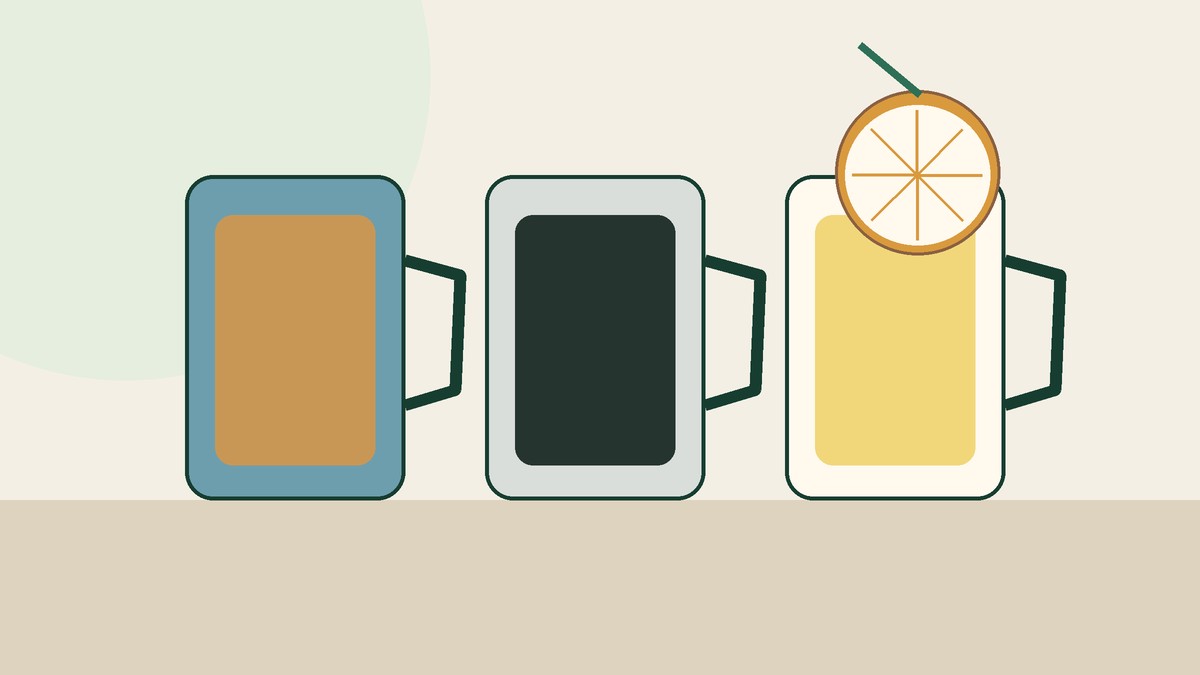 साफ़ cups में बिना चीनी की चाय, black coffee और lemon water