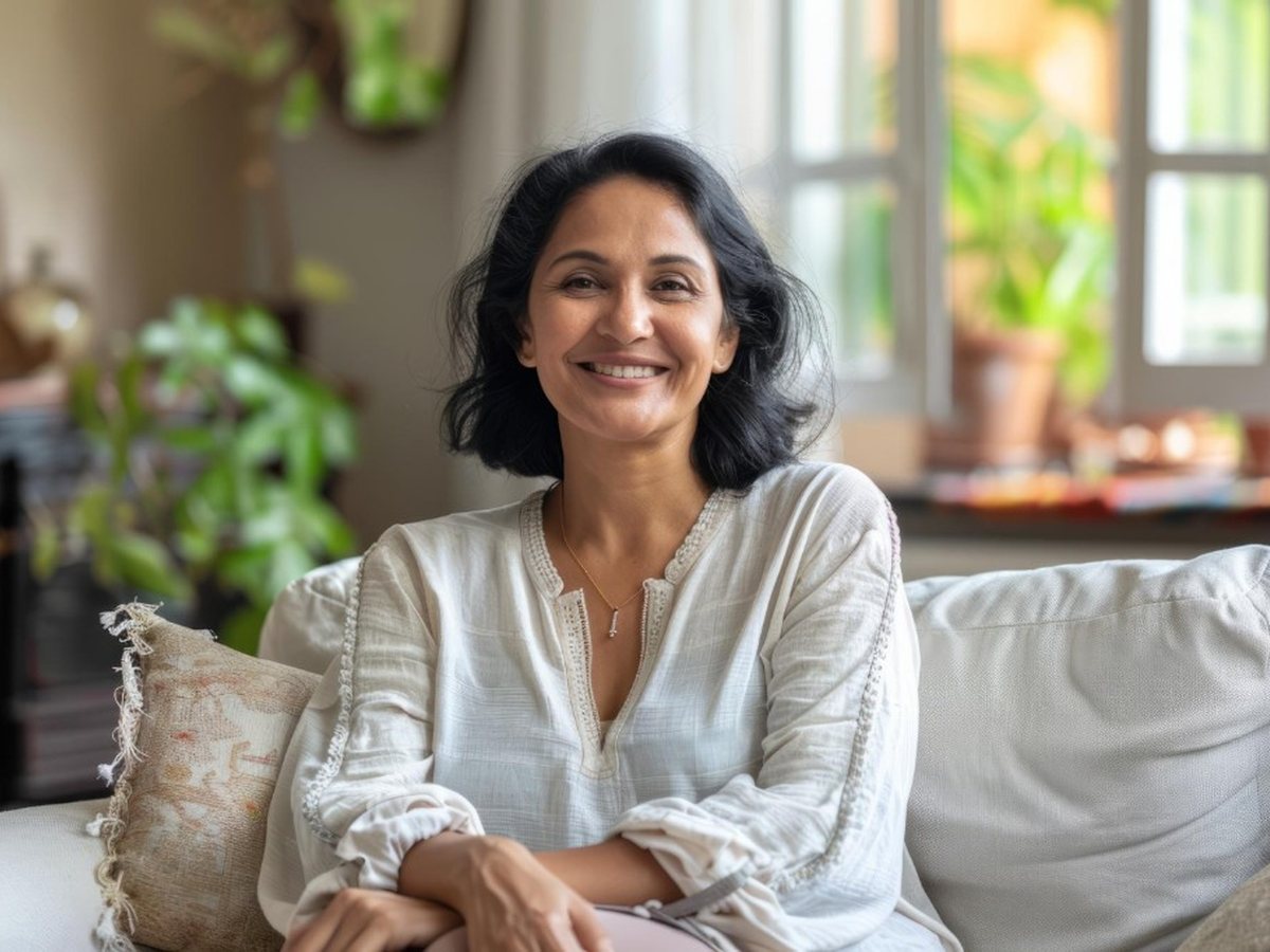 Indian woman in her fifties, at ease at home