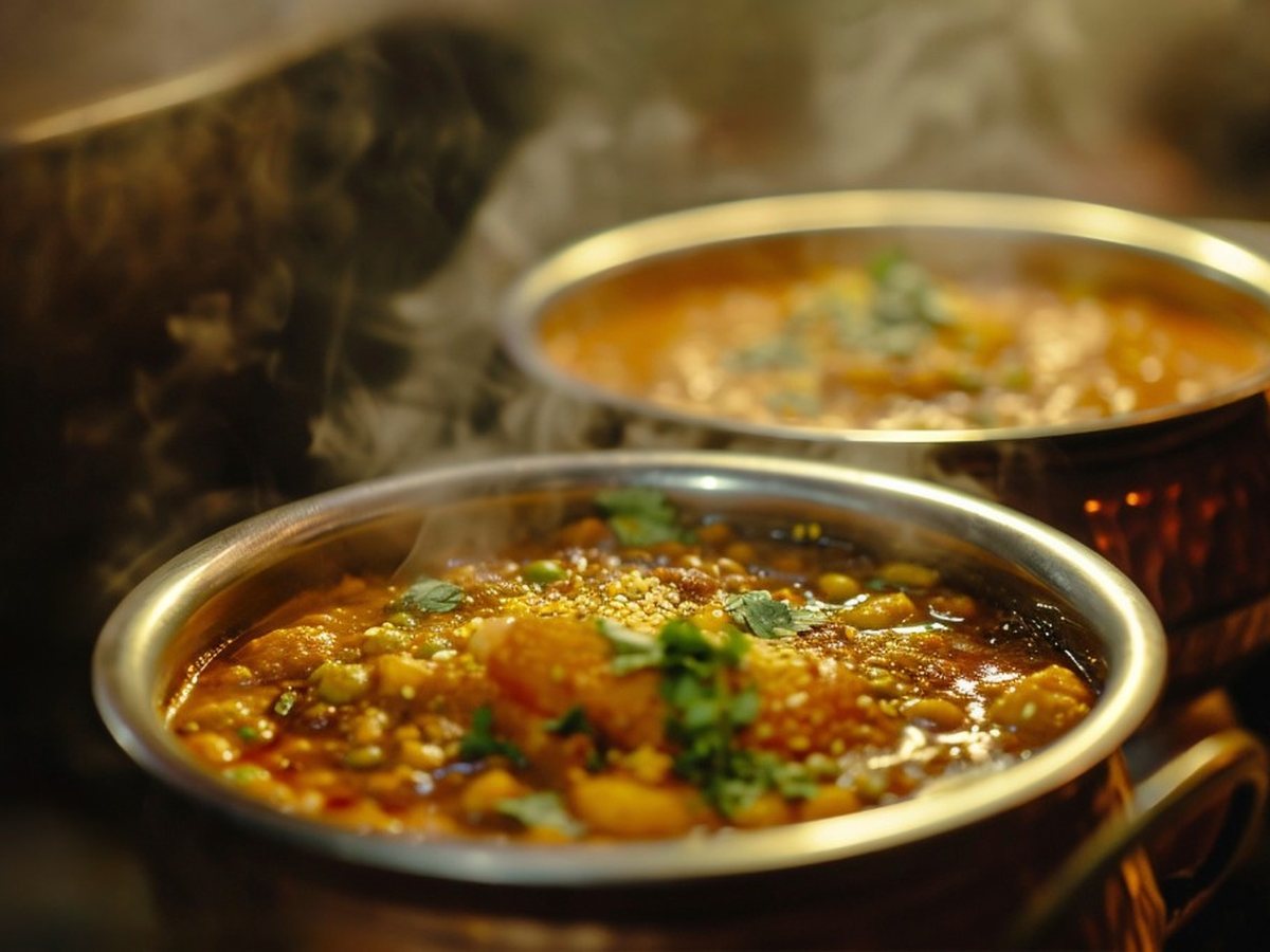 Steaming Indian dal in copper bowls